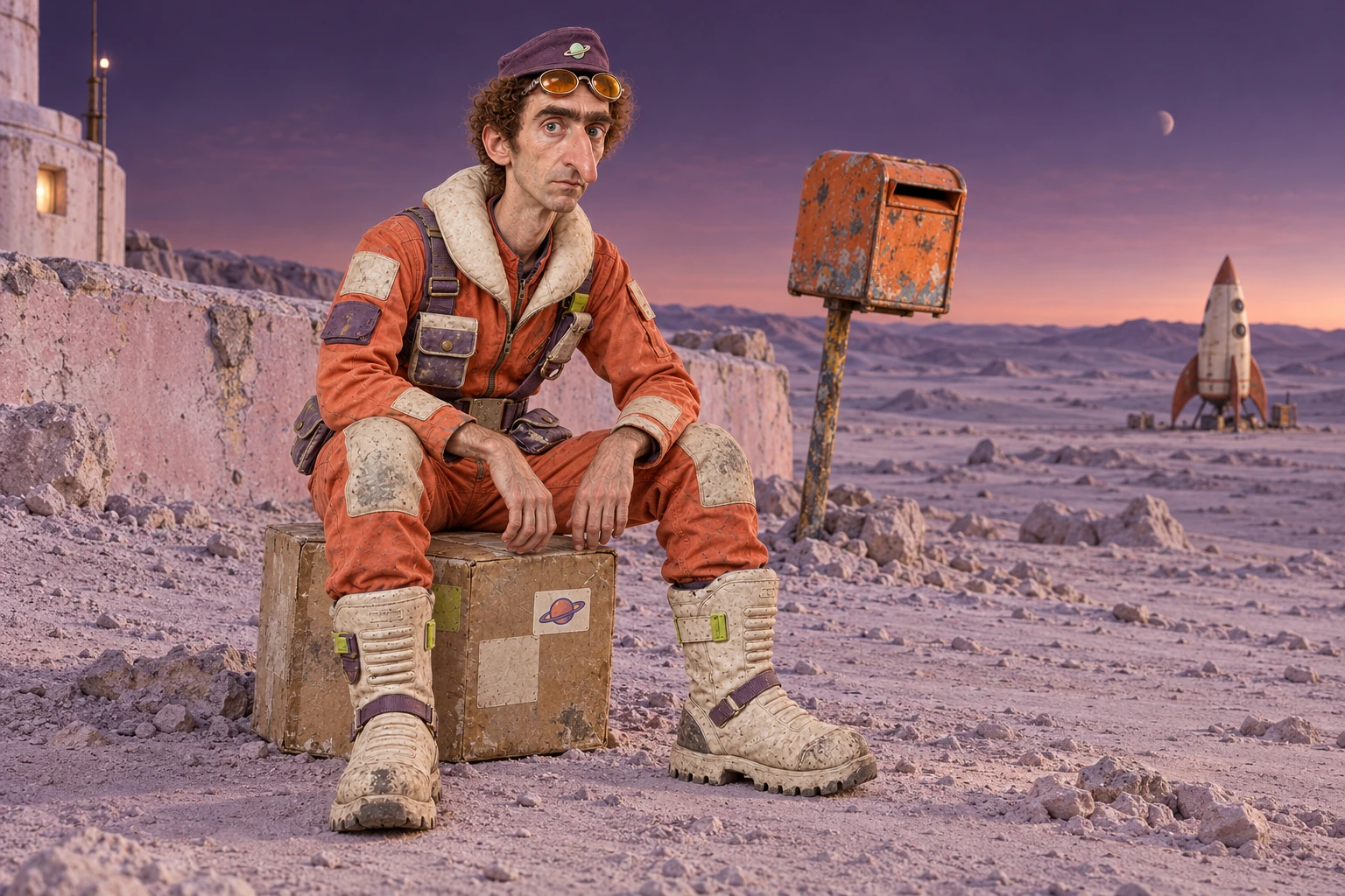 Rocco rests on his parcel at a lavender moon outpost beside a mailbox and a tiny delivery rocket.